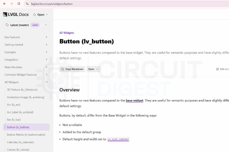 LVGL documentation page showing the Button widget section with multiple button style examples for Arduino GUI projects