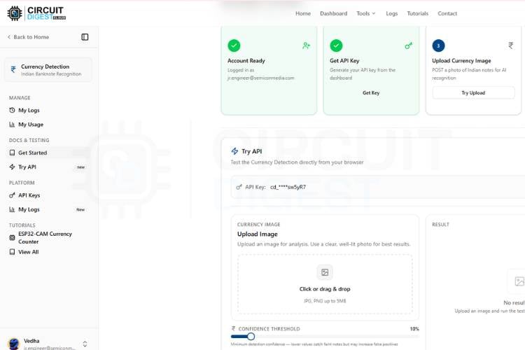 CircuitDigest Cloud API console showing confidence slider and currency recognition test interface for ESP32-CAM project