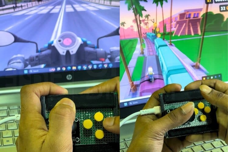Arduino game controller in action being used to play games on computer, demonstrating practical gaming application