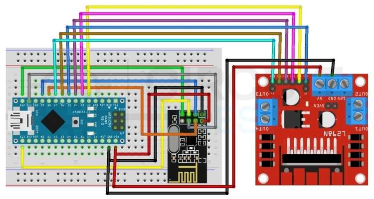 Receiver circuit diagram for the hand gesture control robot — RX Arduino Nano wired to nRF24L01 and L298N motor driver showing IN1–IN4, ENA, ENB, and 12V battery connections