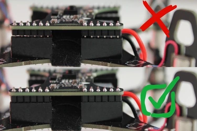 LiteWing positioning module fully seated on ESP32 drone expansion header - correct seating for voice control
