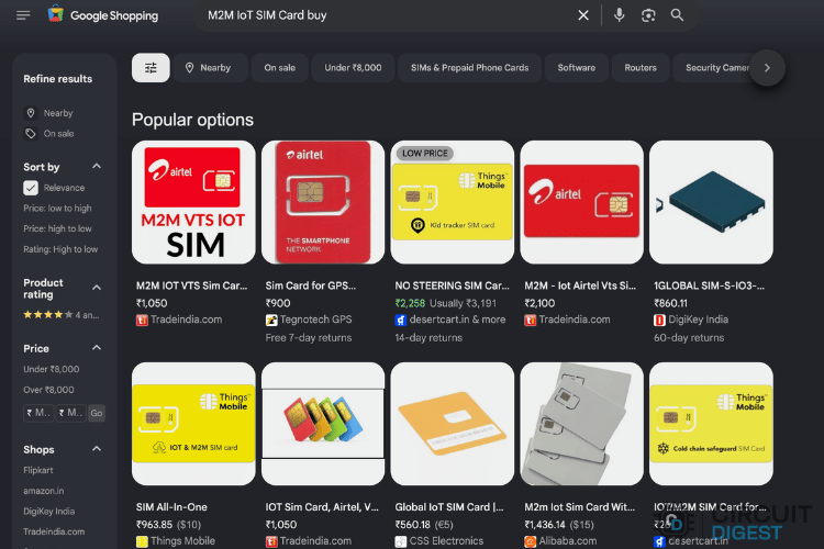 Google Shopping results showing M2M IoT SIM cards, Airtel IoT SIMs, and industrial SIM modules for IoT applications.