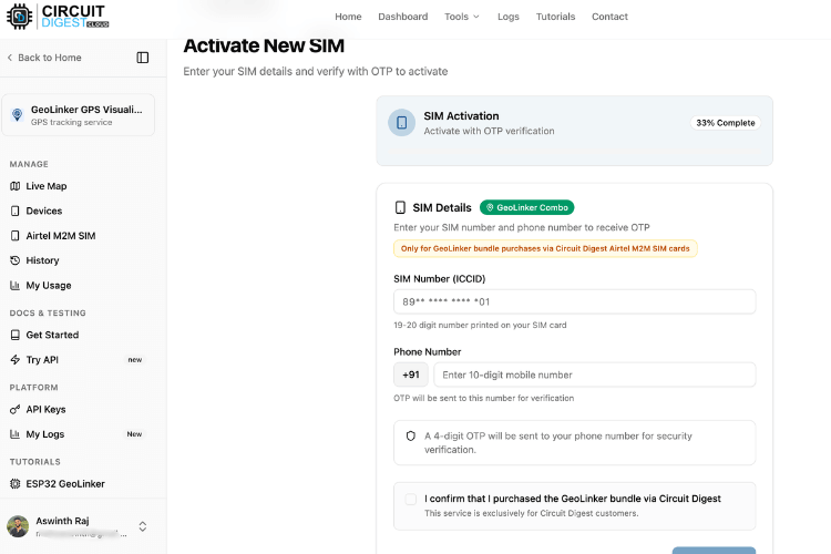 SIM activation dashboard showing M2M SIM registration and OTP verification form.